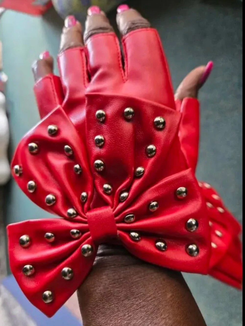 Red Studded Bow, Half-Finger, Snap-Button-Palm, Lined Faux Leather Gloves (OS)
